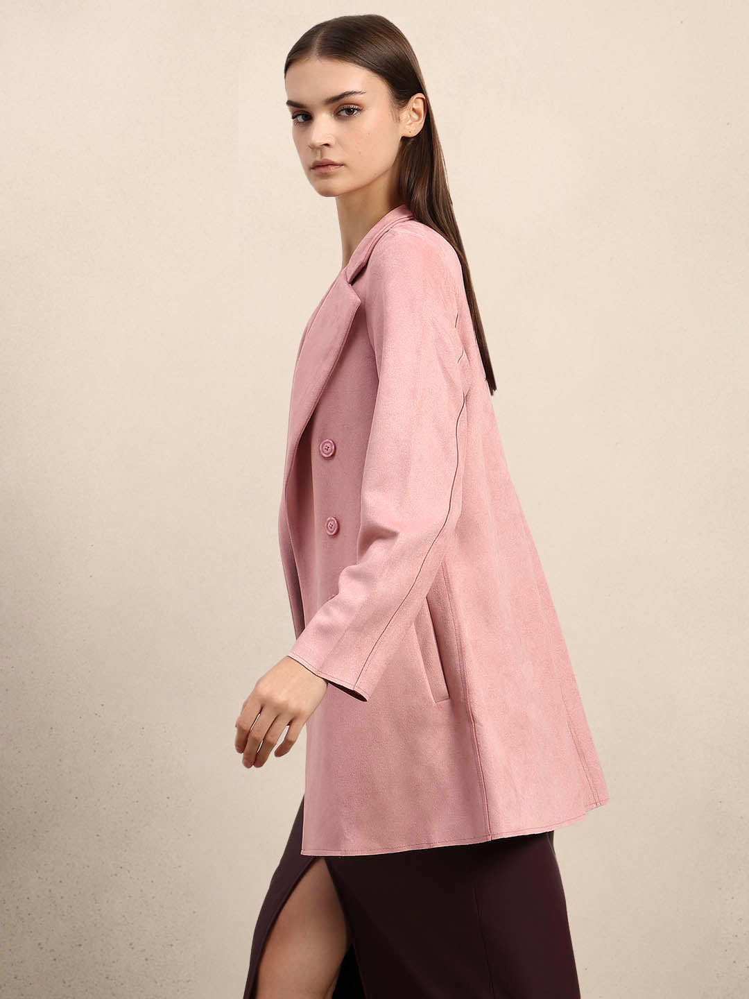 Pink Long Faux Suede Coat