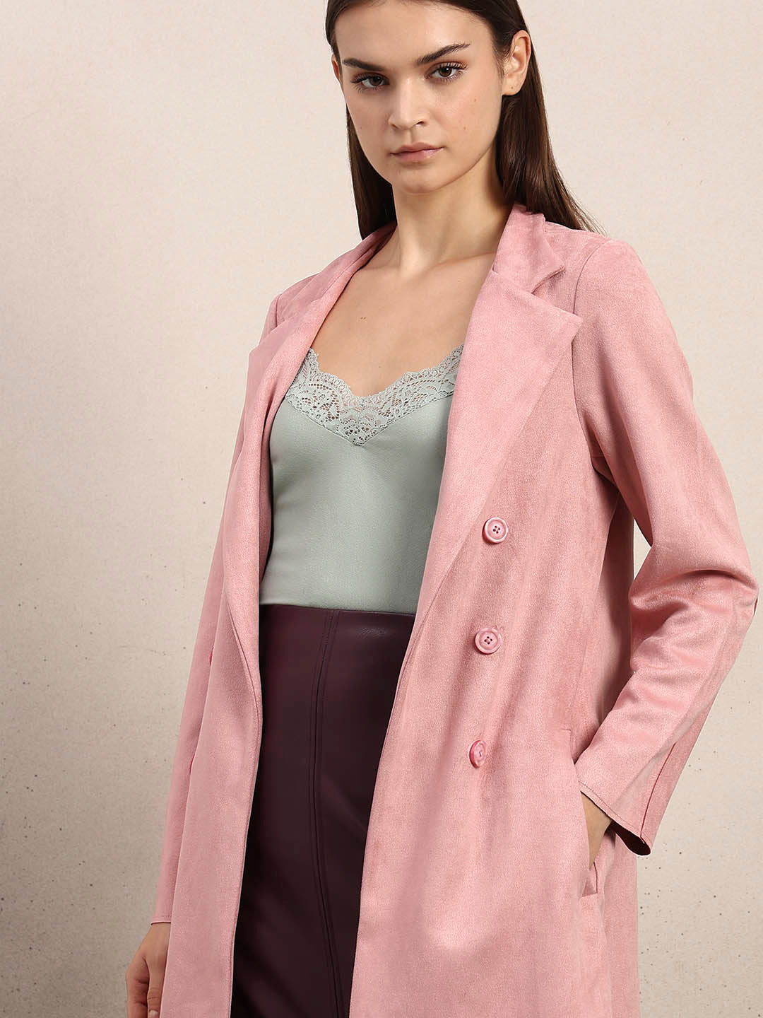 Pink Long Faux Suede Coat