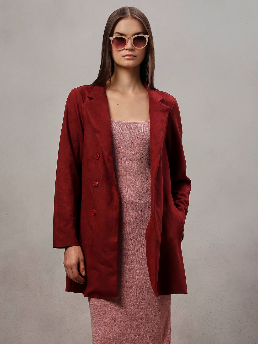 Reddish Brown Long Faux Suede Coat