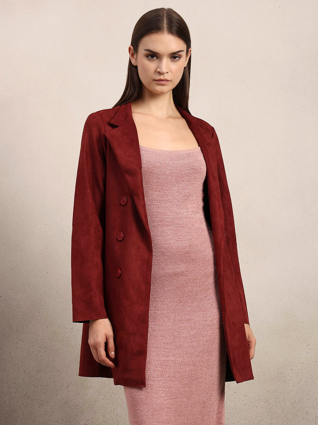 Reddish Brown Long Faux Suede Coat