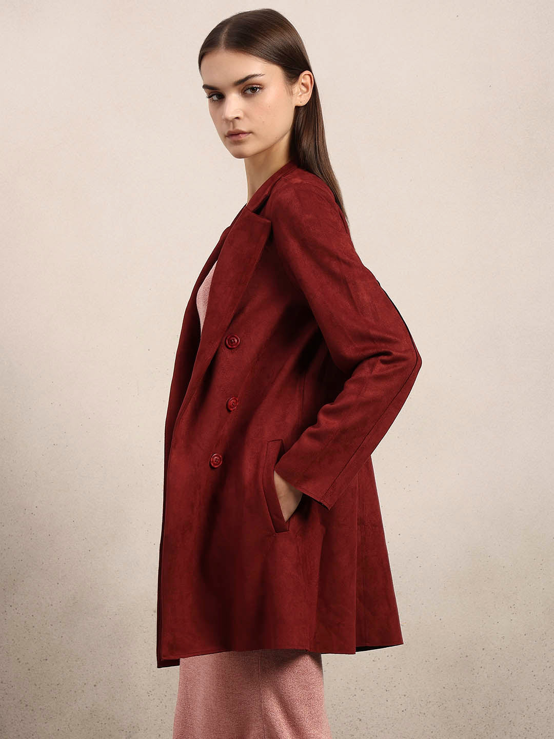 Reddish Brown Long Faux Suede Coat