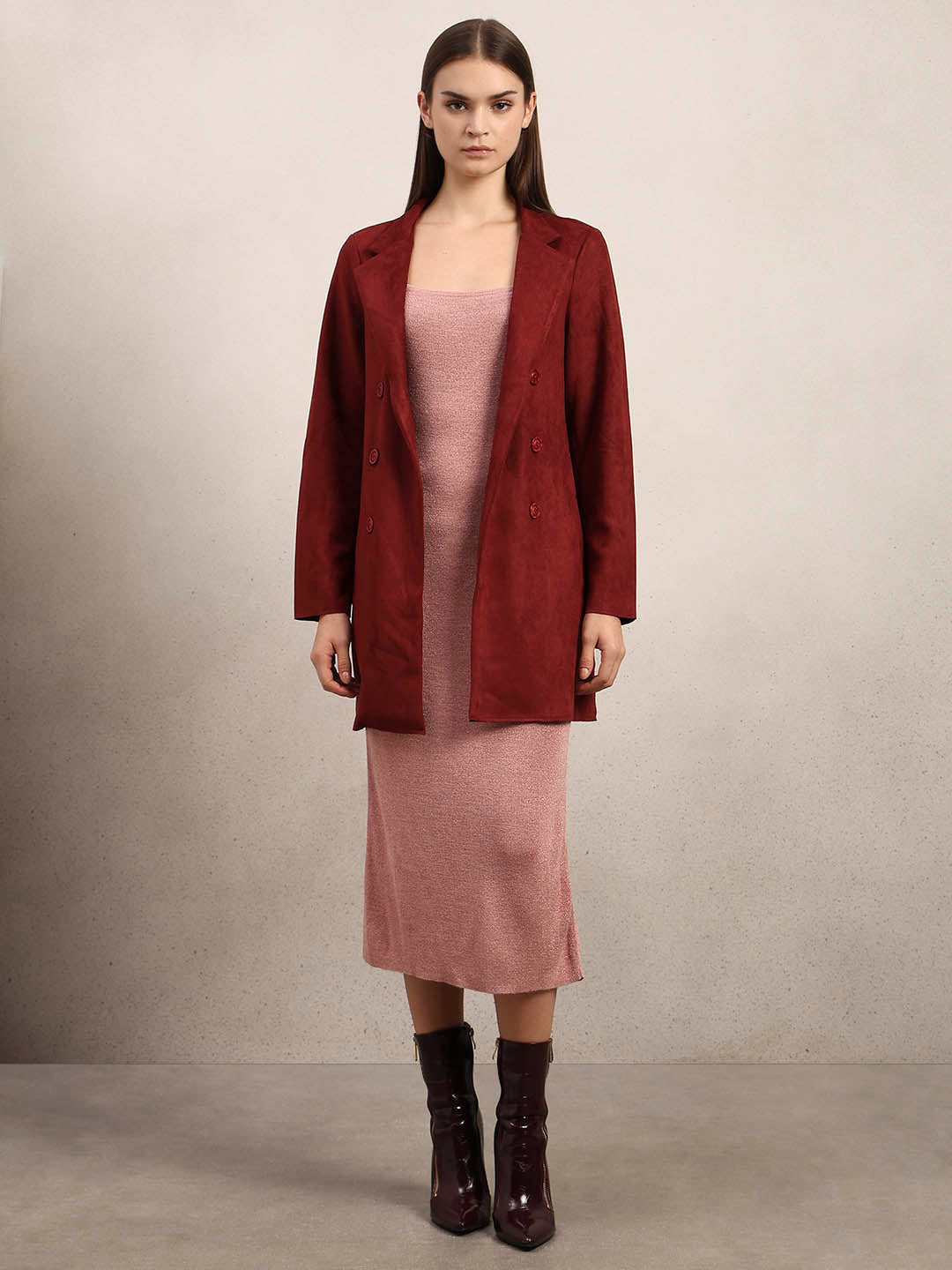 Reddish Brown Long Faux Suede Coat