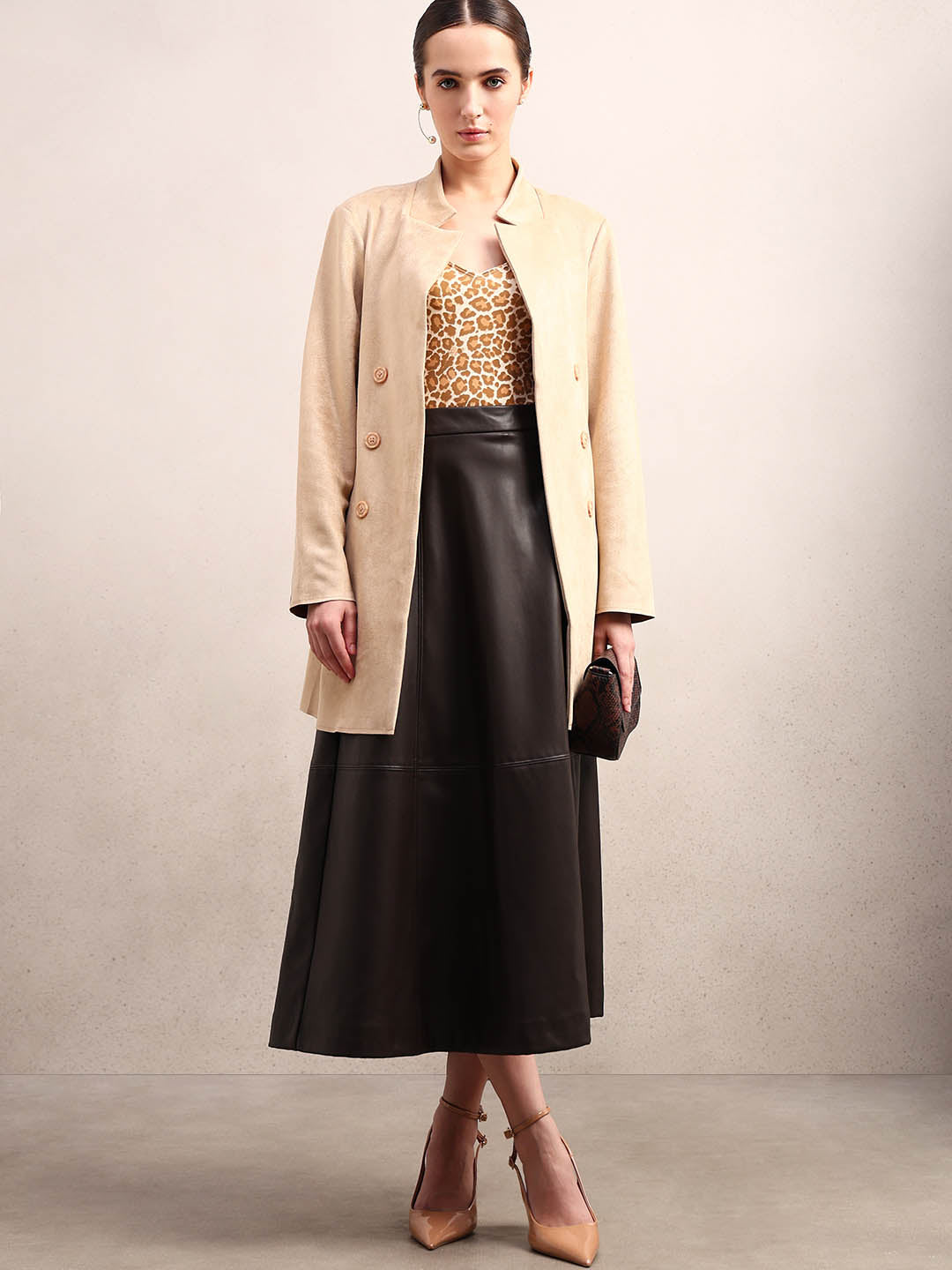 Beige Long Faux Suede Coat