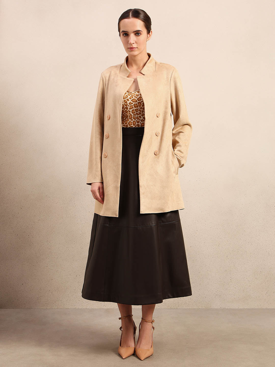Beige Long Faux Suede Coat