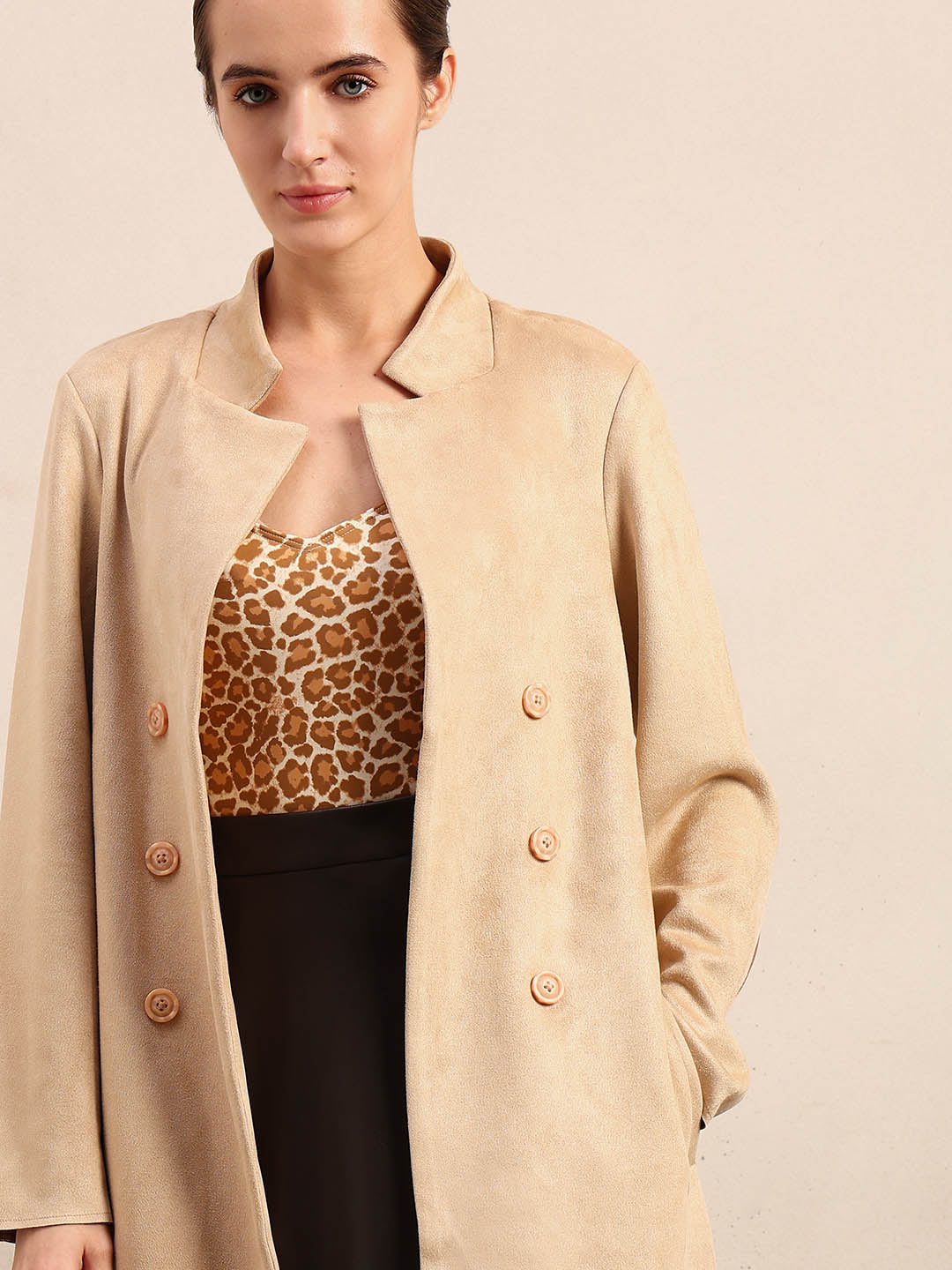 Beige Long Faux Suede Coat