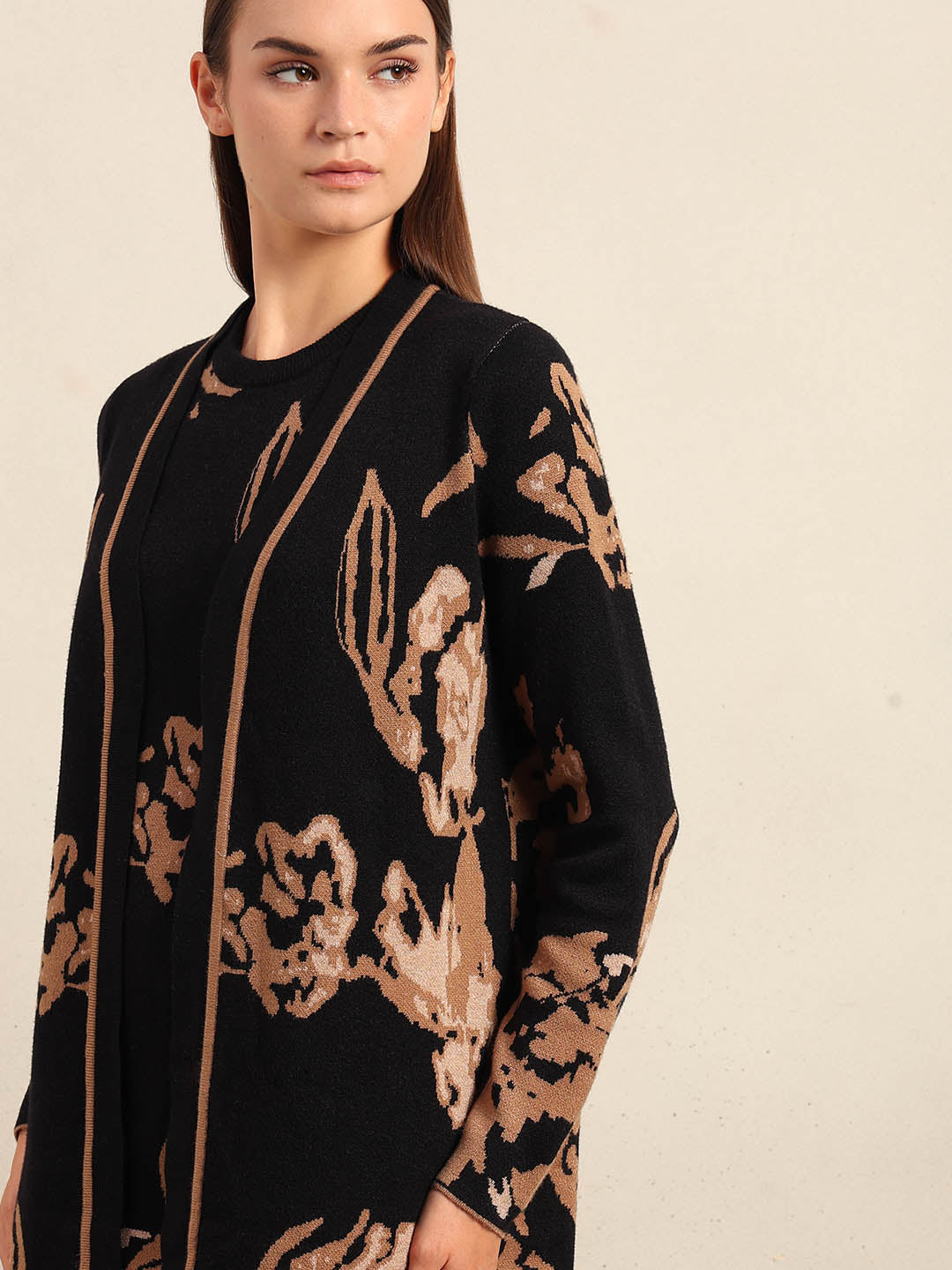 Long Floral Front Open Cardigan