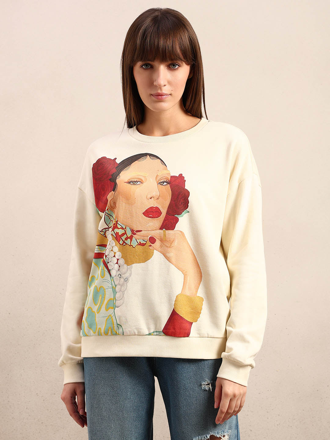 Graphic Print Cotton Sweatshirt - Beige