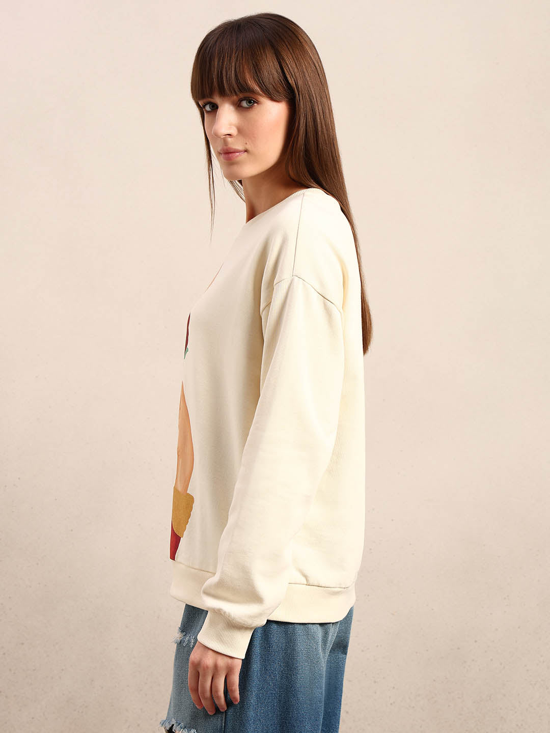 Graphic Print Cotton Sweatshirt - Beige