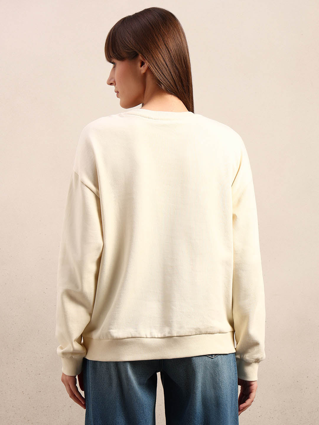 Graphic Print Cotton Sweatshirt - Beige