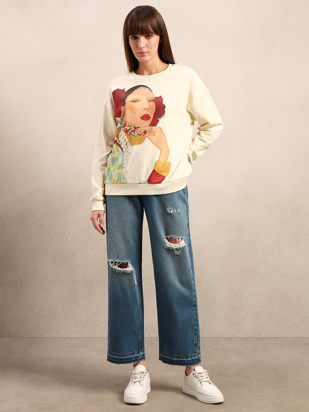 Graphic Print Cotton Sweatshirt - Beige