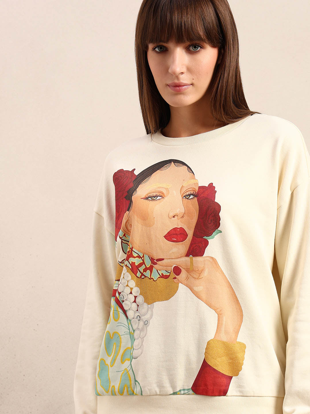 Graphic Print Cotton Sweatshirt - Beige