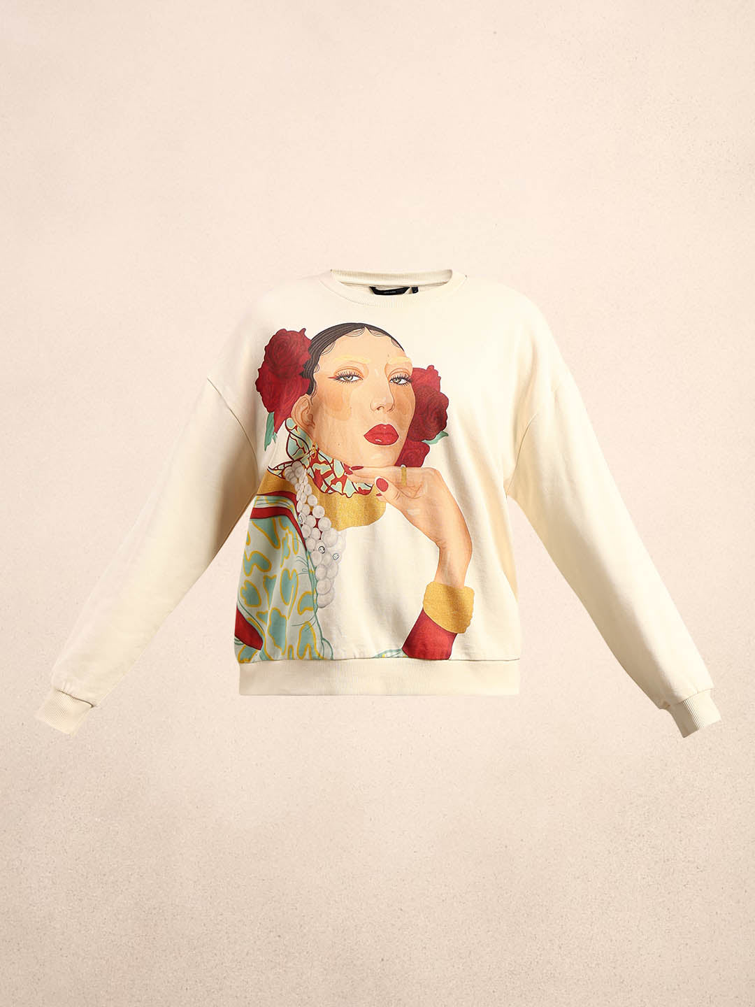 Graphic Print Cotton Sweatshirt - Beige