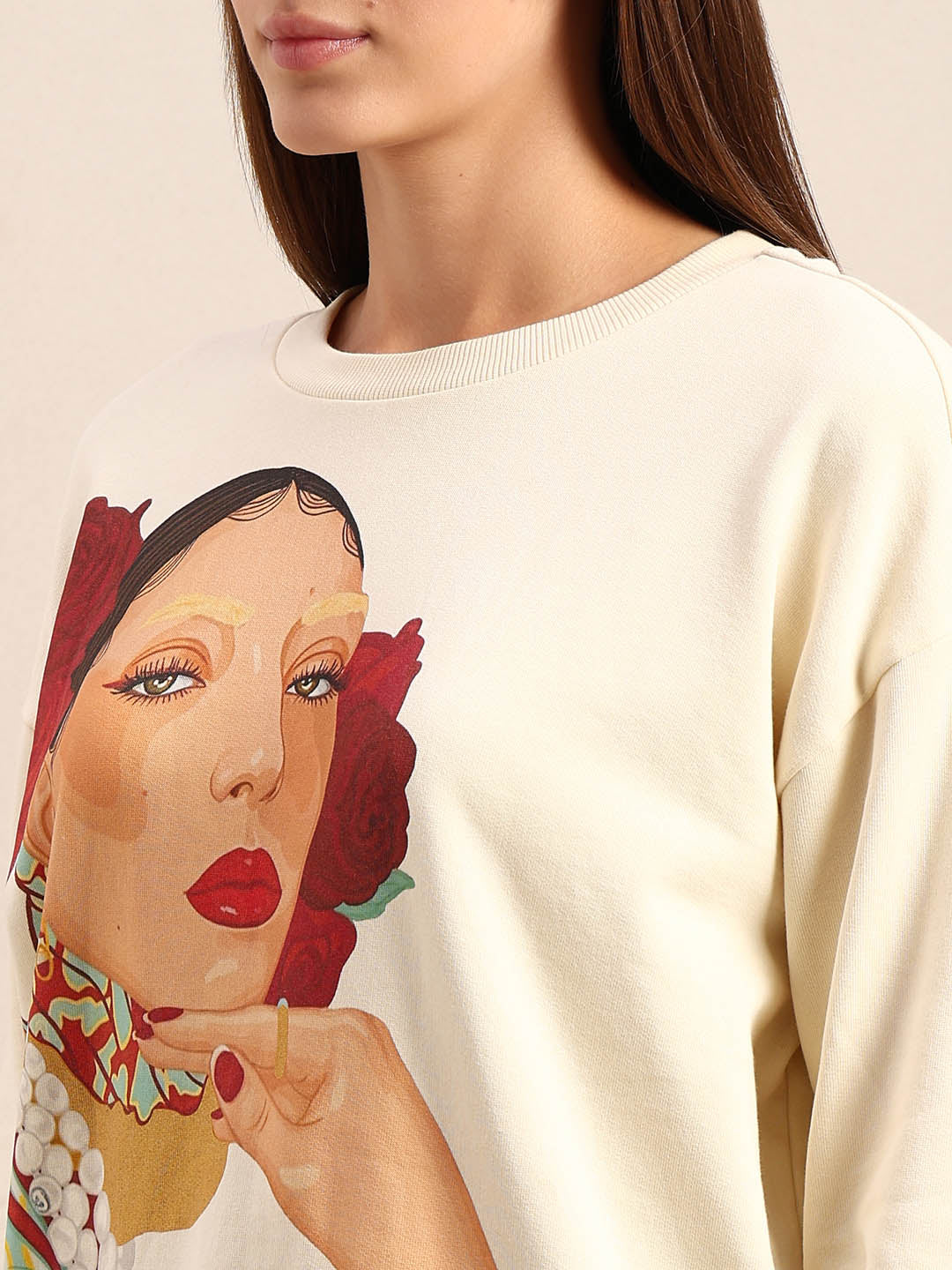 Graphic Print Cotton Sweatshirt - Beige