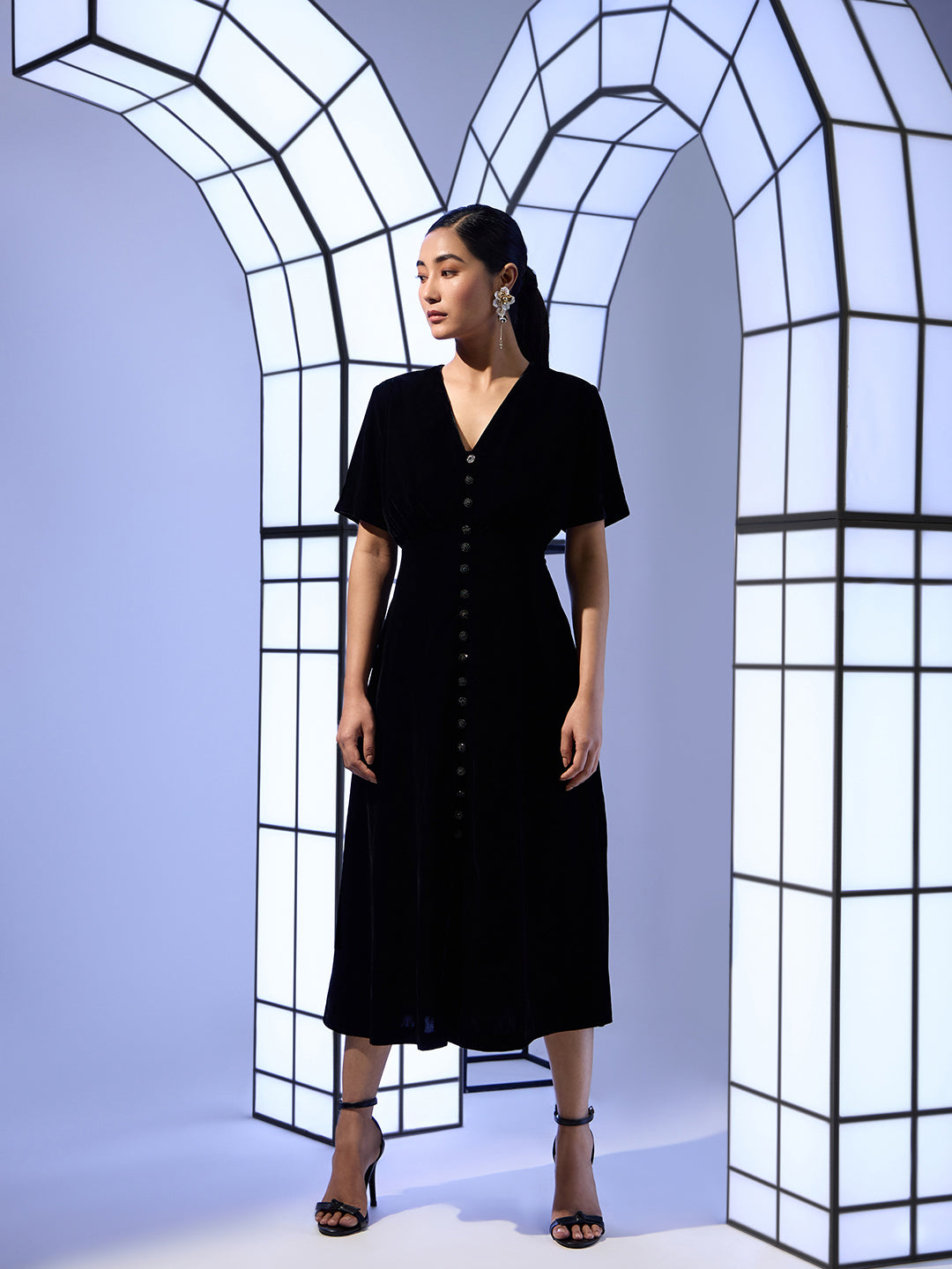 Velour Button Front Midi Dress