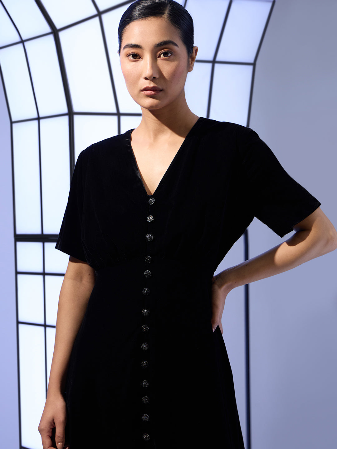 Velour Button Front Midi Dress