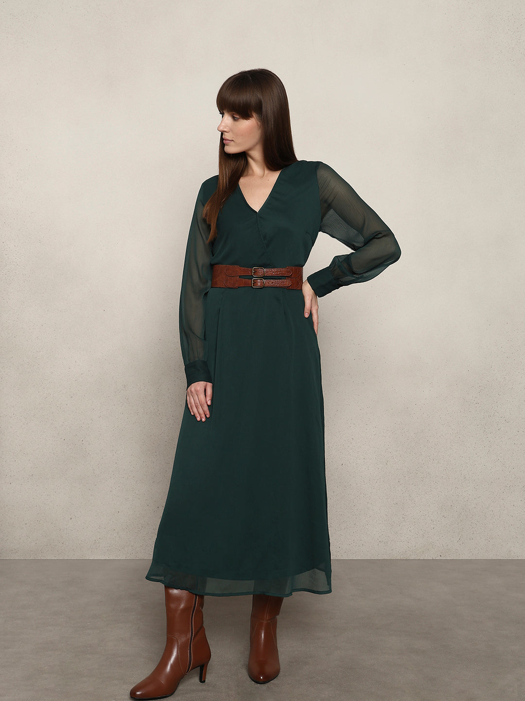 Sheer Sleeves Chiffon Midi Dress