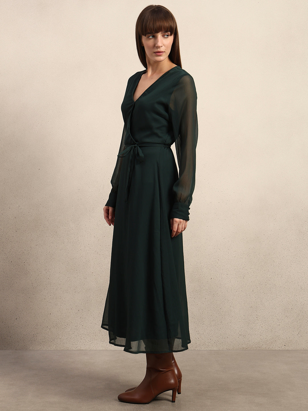 Sheer Sleeves Chiffon Midi Dress