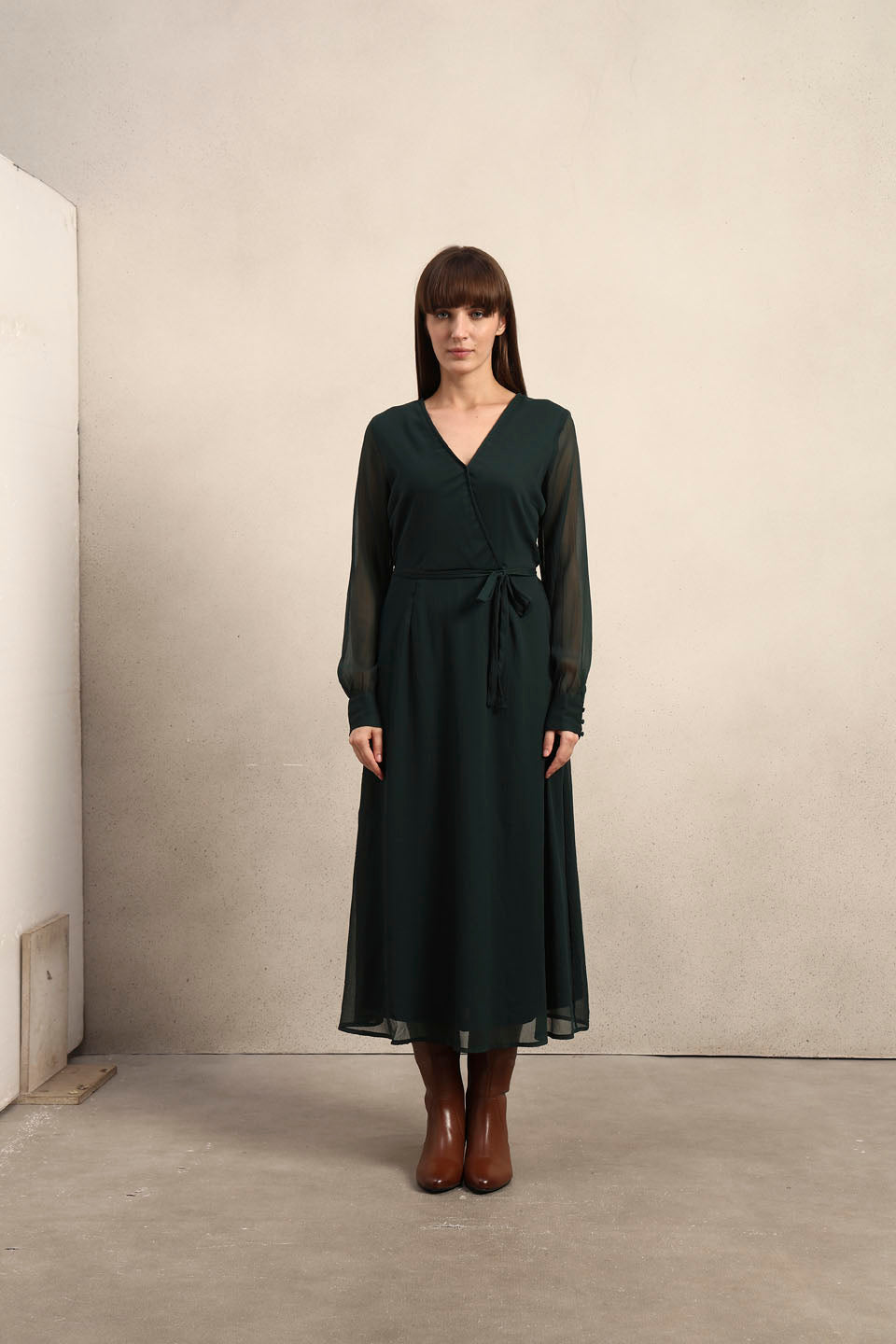 Sheer Sleeves Chiffon Midi Dress