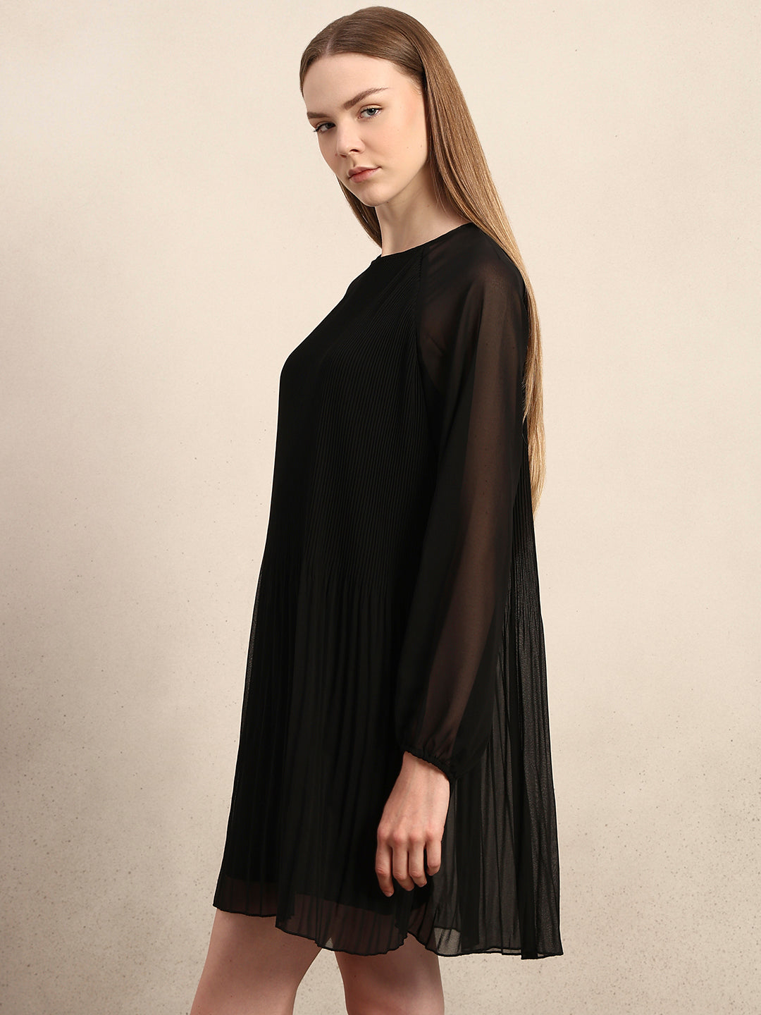 Black Pleated Sheer Dress