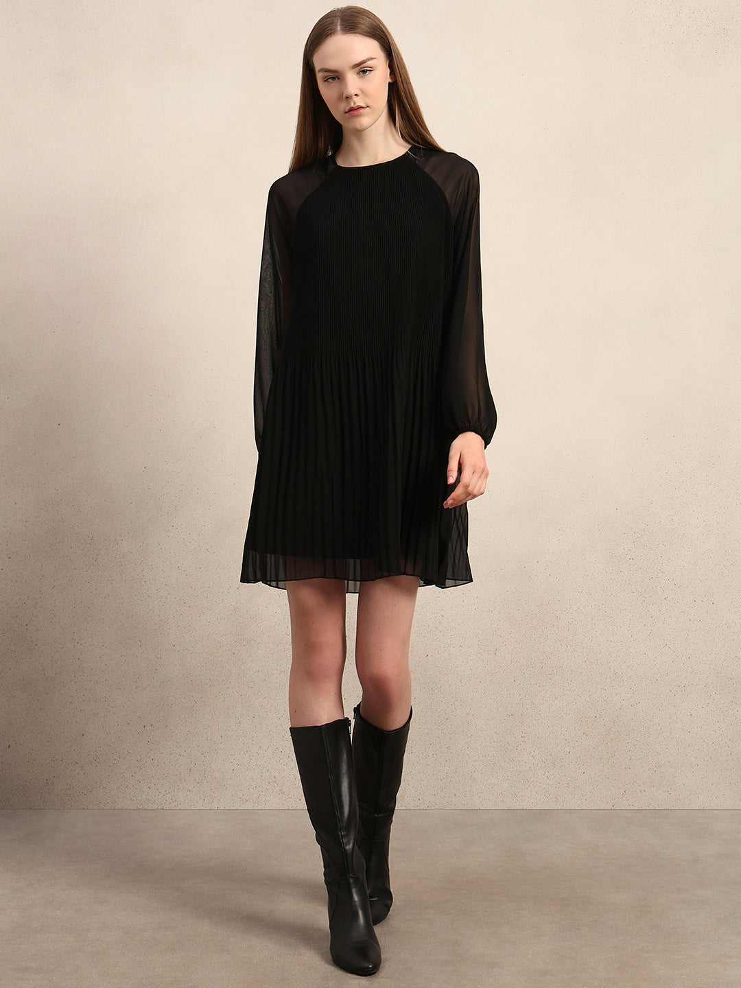Black Pleated Sheer Dress
