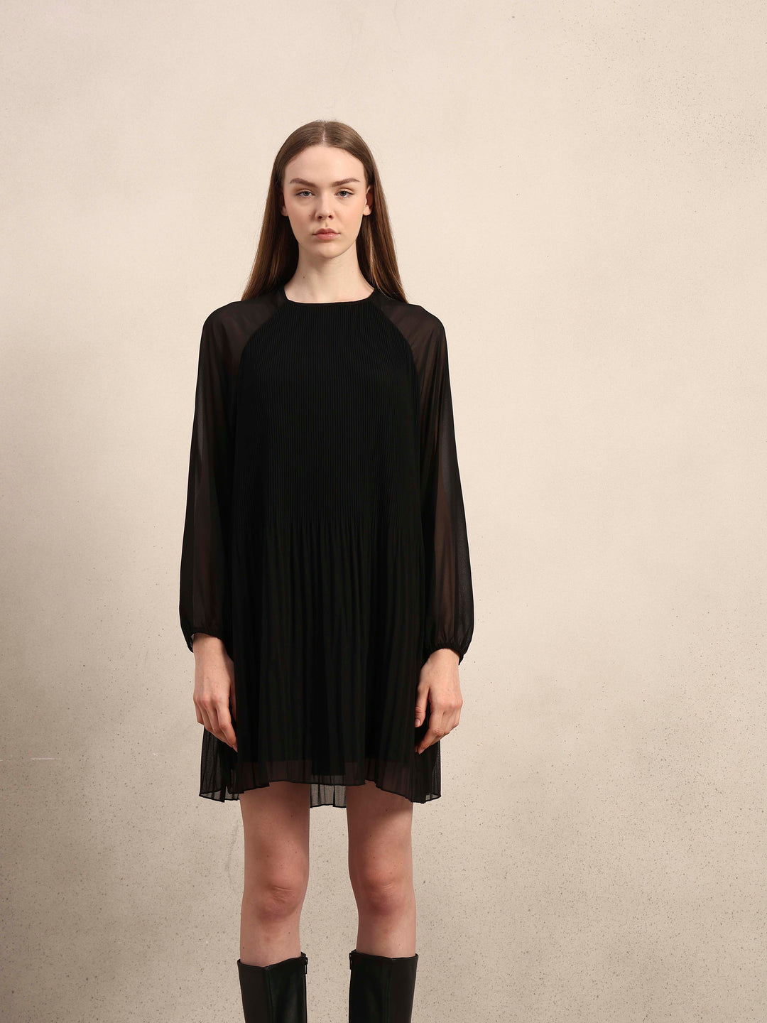 Black Pleated Sheer Dress