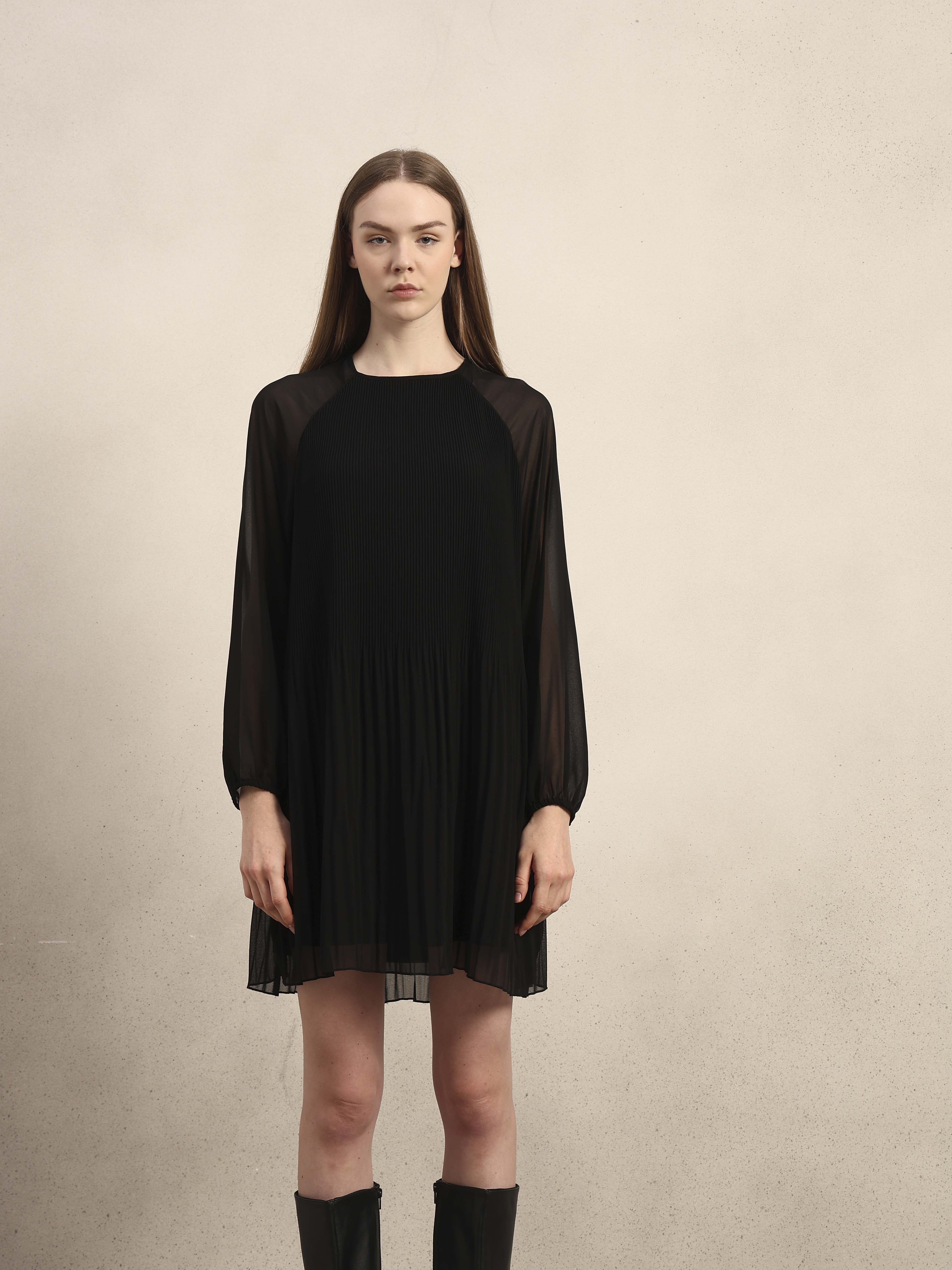 Black Pleated Sheer Dress