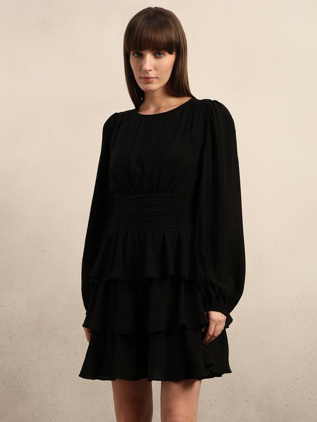 Puff Sleeves O-Neck Mini Dress