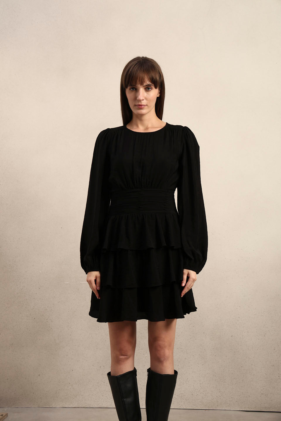 Puff Sleeves O-Neck Mini Dress