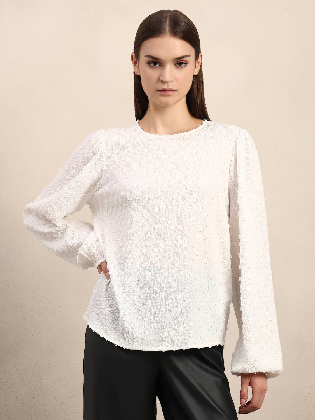 White Textured O-Neck Top
