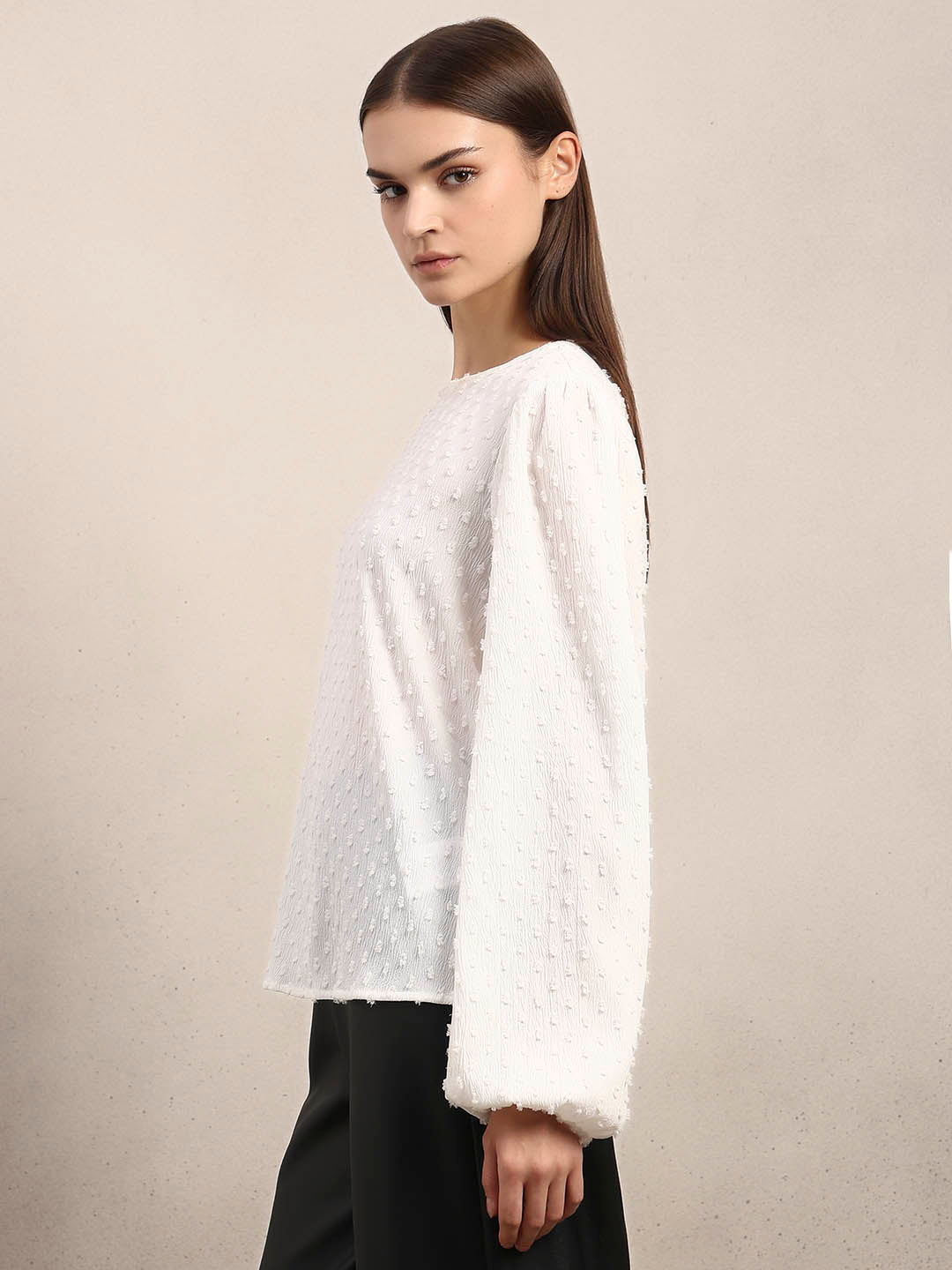 White Textured O-Neck Top