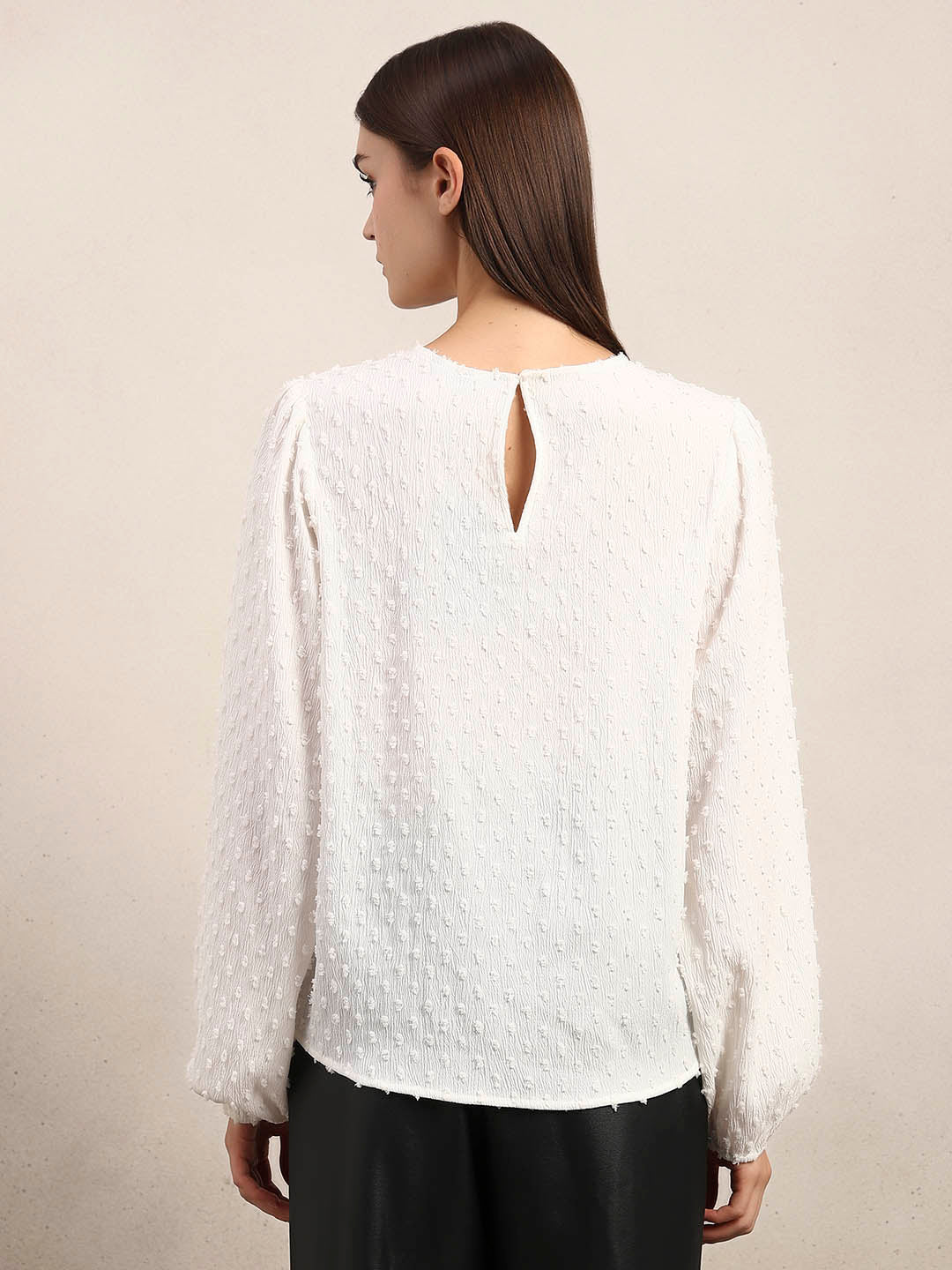 White Textured O-Neck Top
