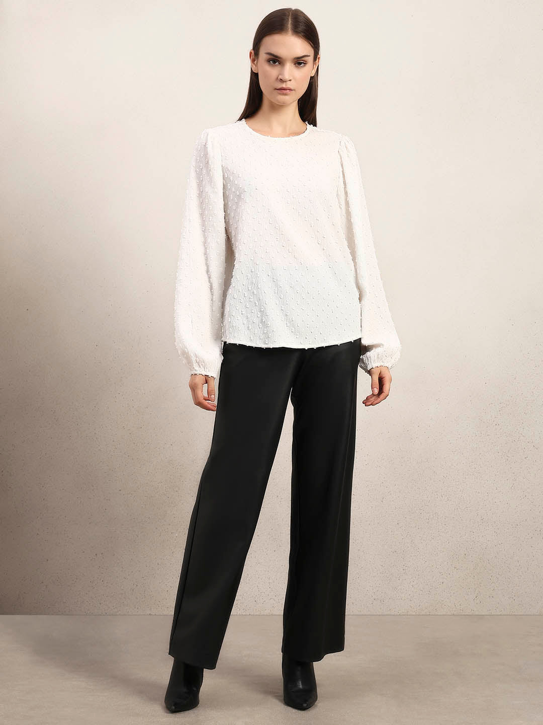 White Textured O-Neck Top