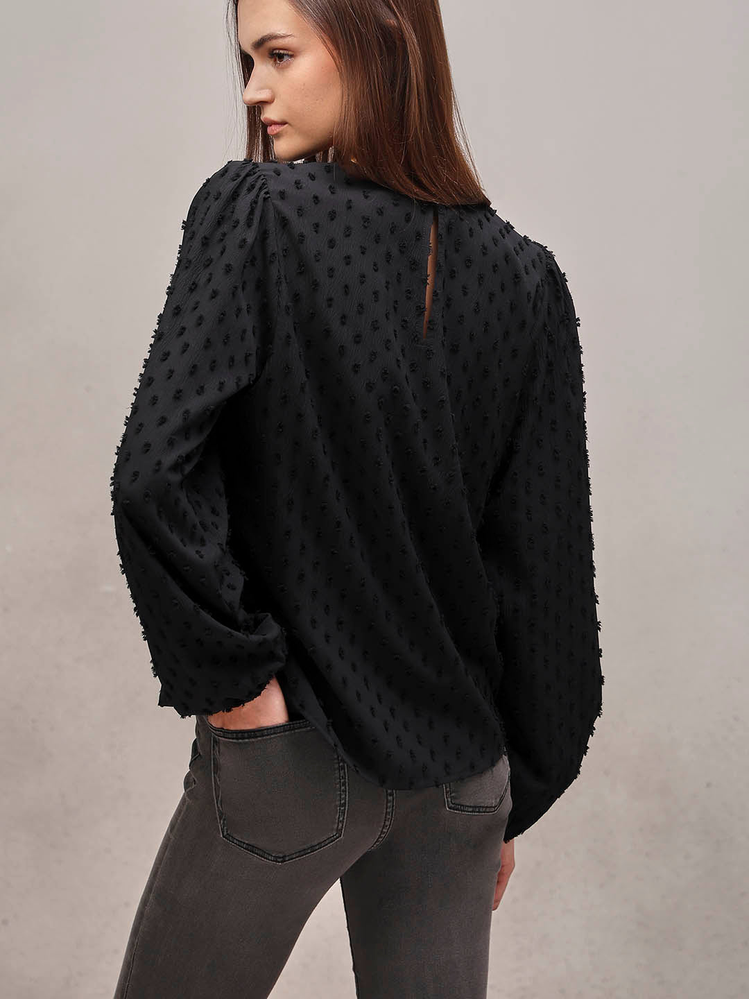Black Textured O-Neck Top
