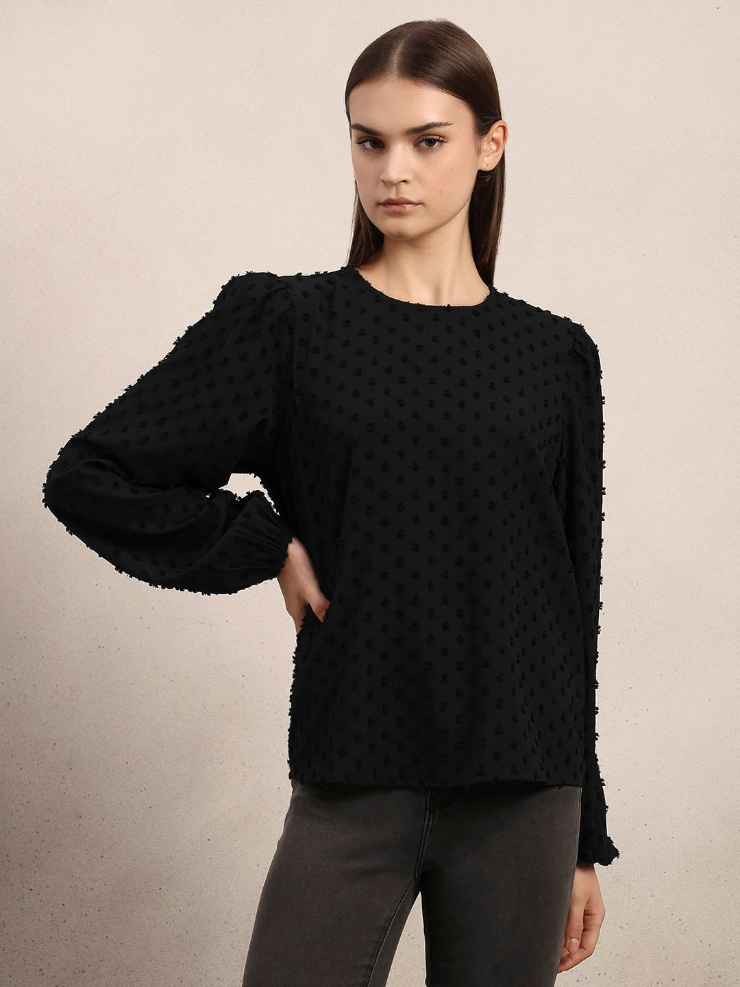 Black Textured O-Neck Top