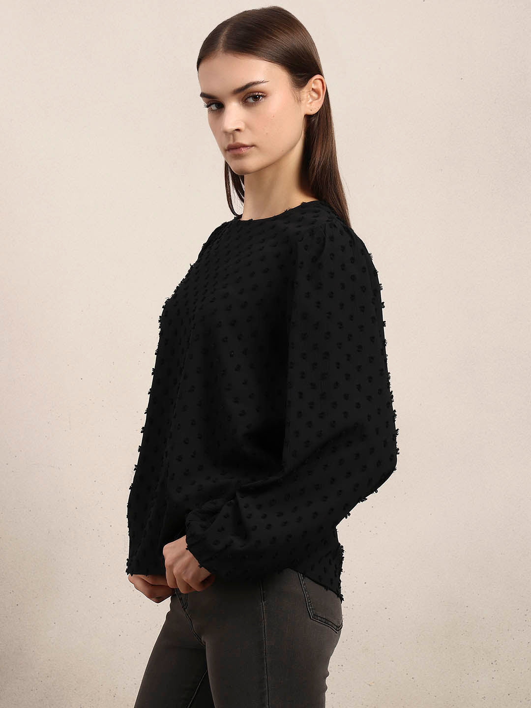 Black Textured O-Neck Top