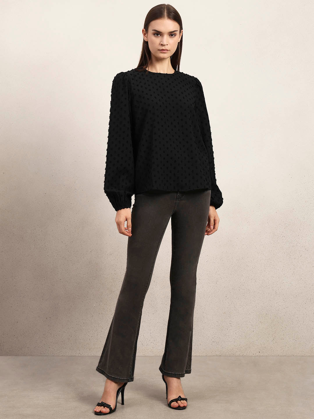 Black Textured O-Neck Top