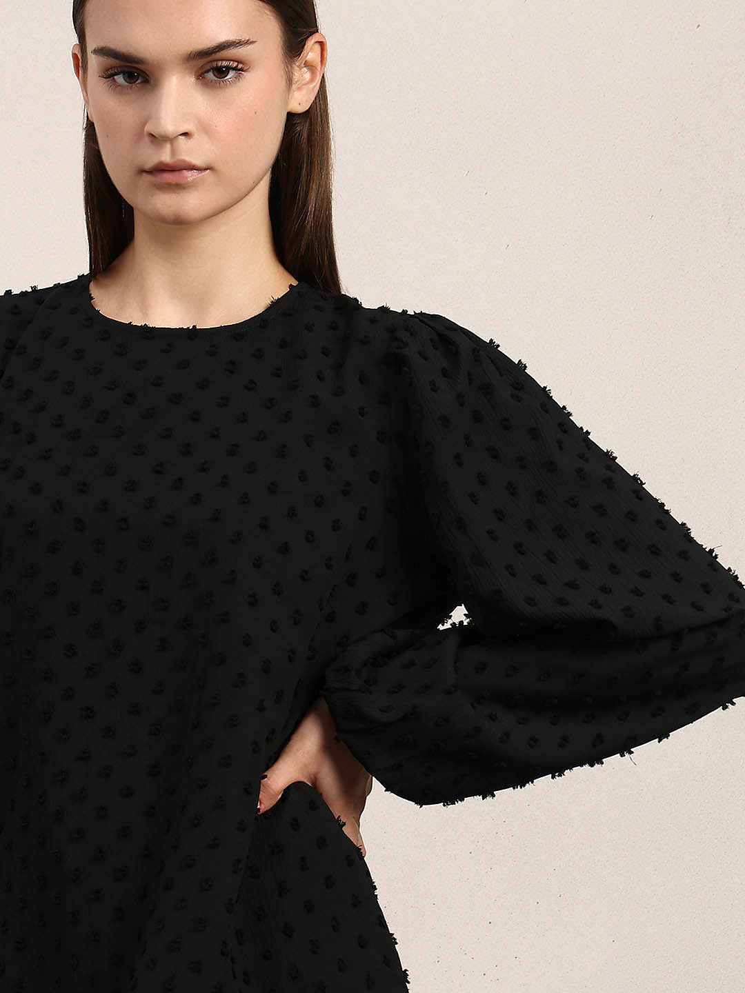 Black Textured O-Neck Top