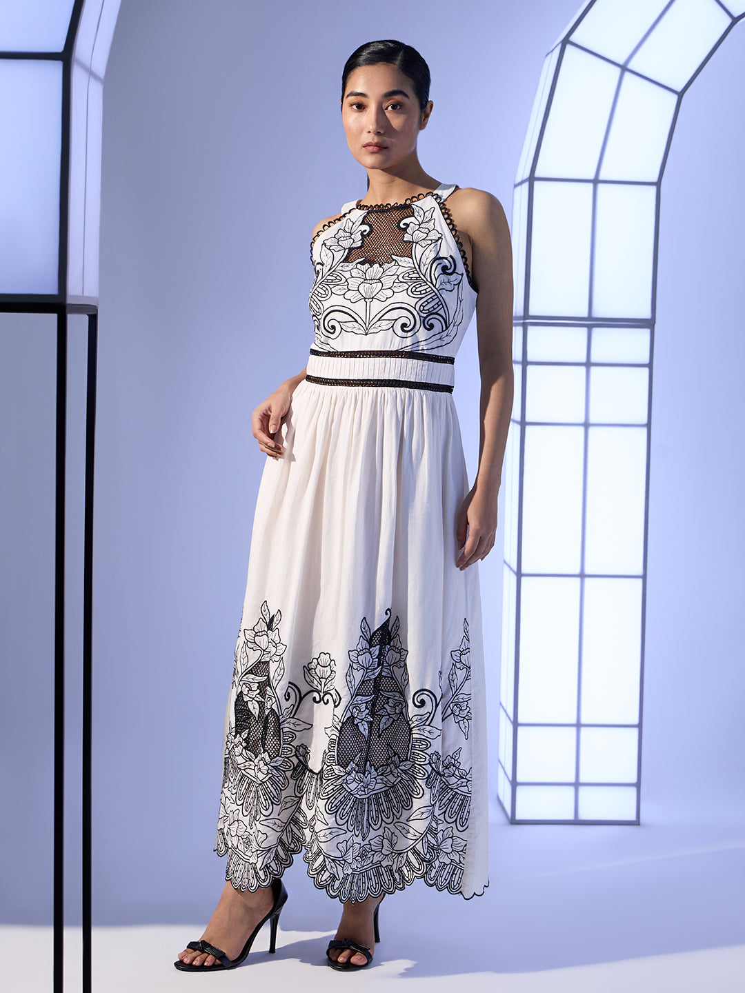 EDIT White & Black Embroidered Halter Neck Dress