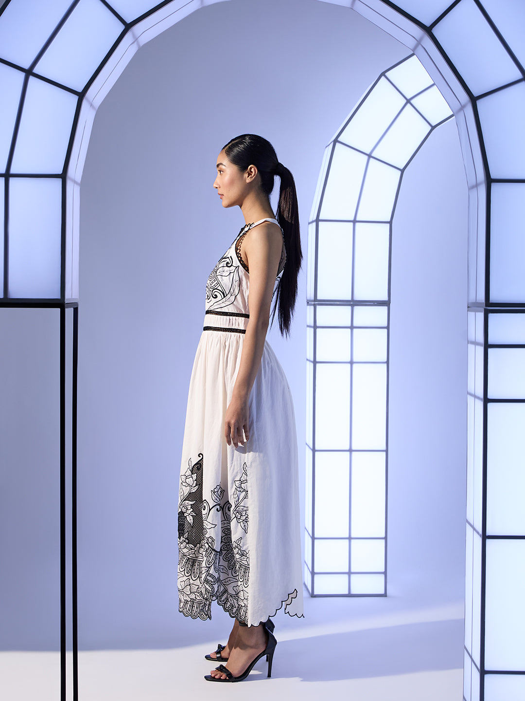 EDIT White & Black Embroidered Halter Neck Dress