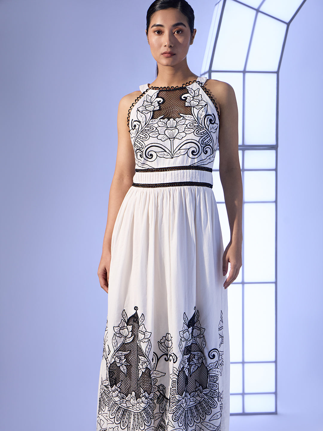 EDIT White & Black Embroidered Halter Neck Dress