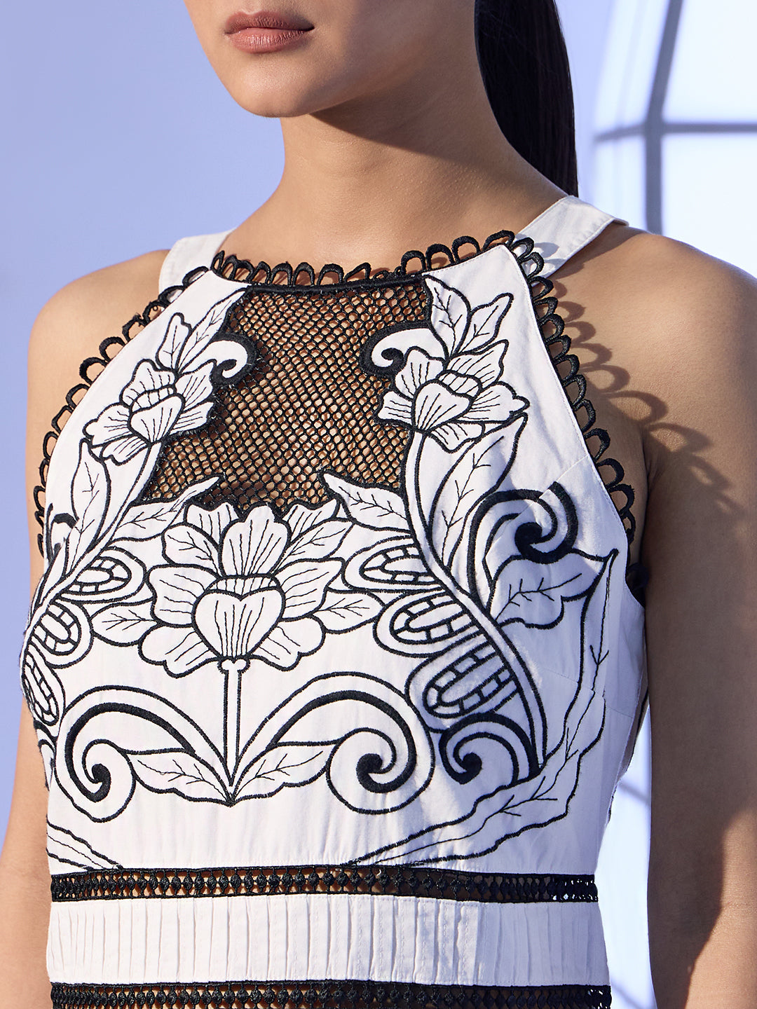 EDIT White & Black Embroidered Halter Neck Dress