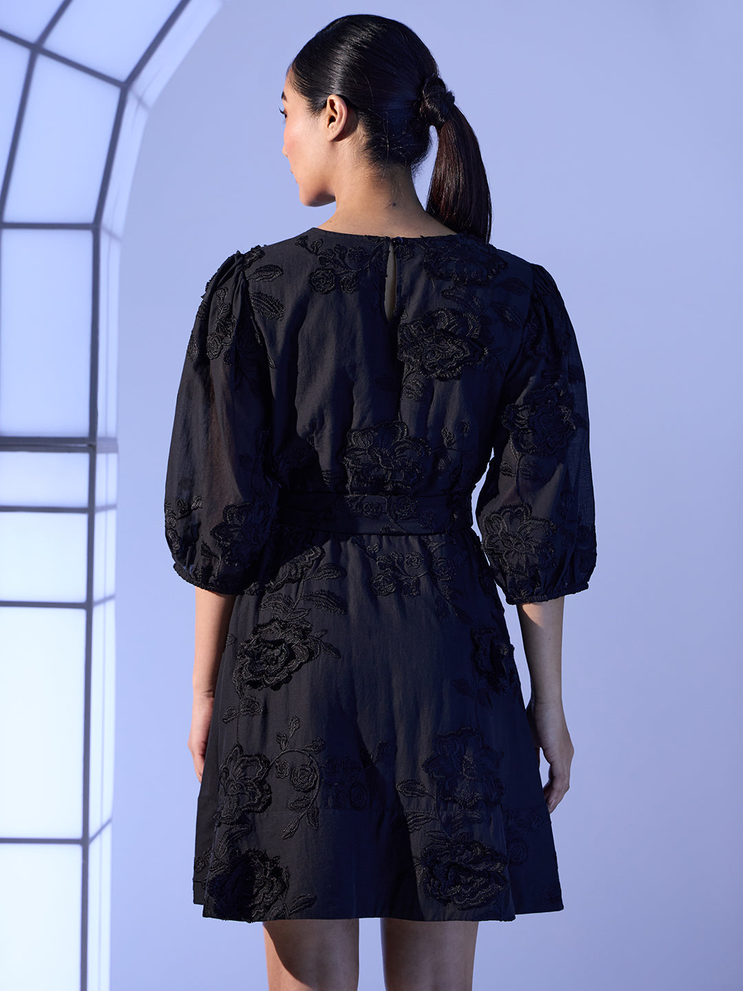 EDIT Floral Embroidered Puff Sleeves Dress