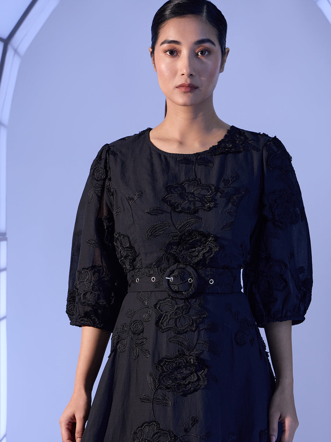 EDIT Floral Embroidered Puff Sleeves Dress