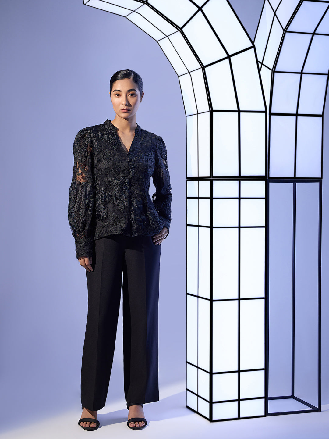 EDIT Black Sheer Embroidered Shirt