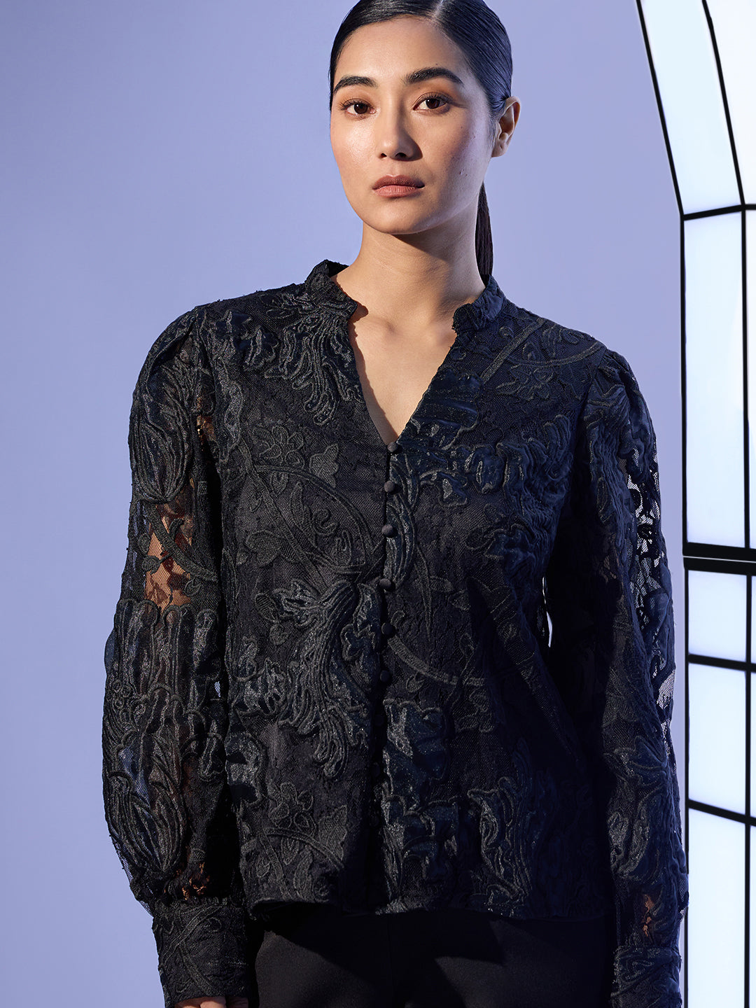 EDIT Black Sheer Embroidered Shirt