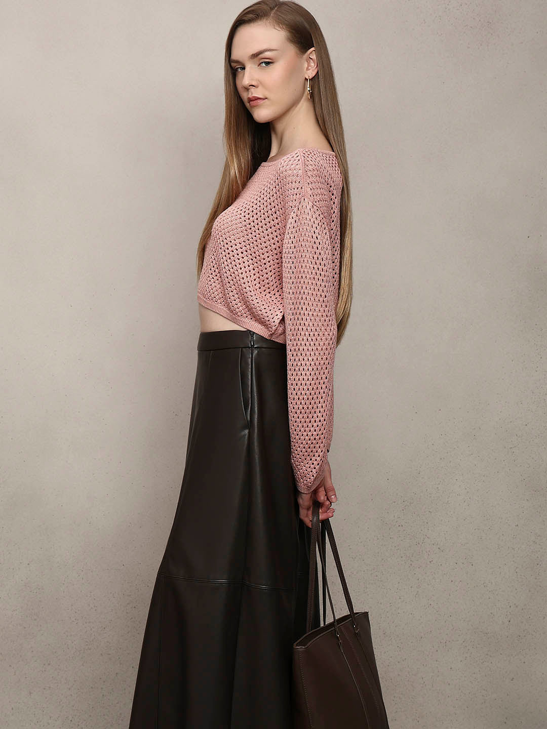 Pink Cropped Open-Knit Pullover