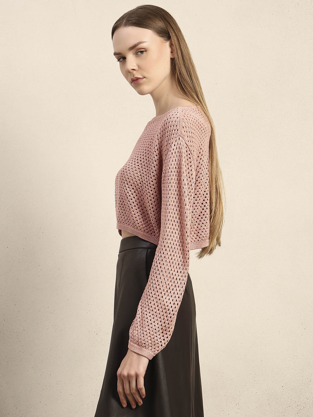 Pink Cropped Open-Knit Pullover
