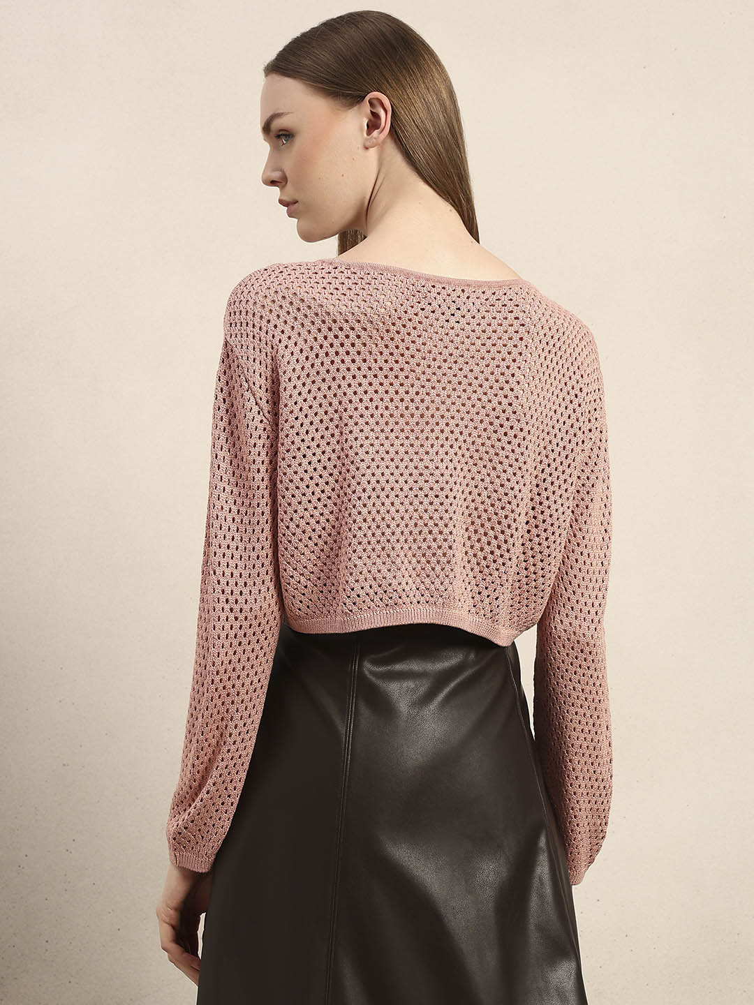 Pink Cropped Open-Knit Pullover