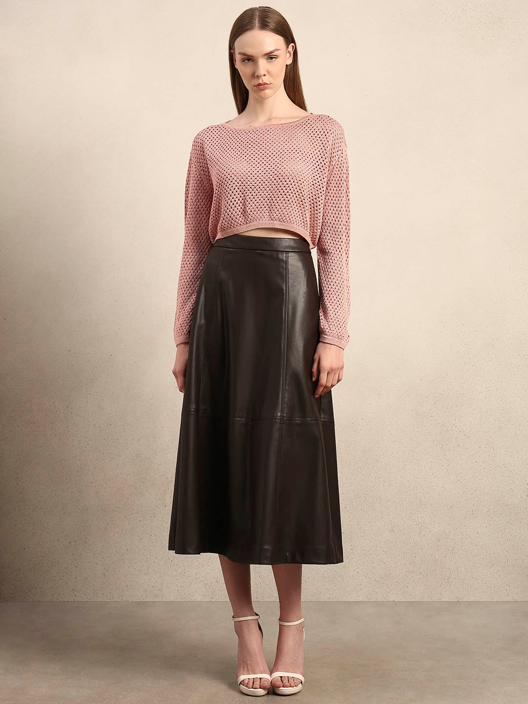 Pink Cropped Open-Knit Pullover