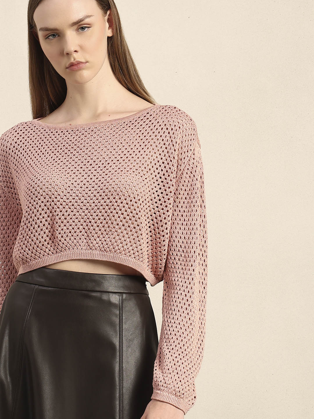 Pink Cropped Open-Knit Pullover
